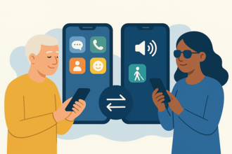 stilisierte Grafik eines Mannes und einer Frau mit Sonnenbrille, beide halten ein Handy, im Hintergrund verschiedene Symbole, eines ist das Stockmännchen