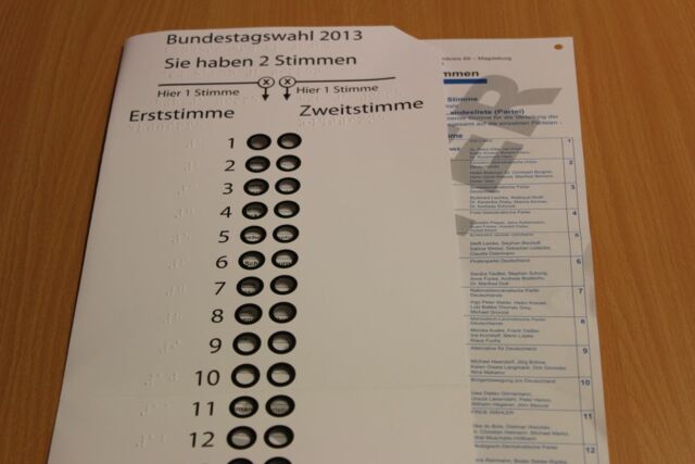 Bildbeschreibung: Eine Wahlschablone, in der ein halb eingelegter Musterstimmzettel der Bundestagswahl 2013 liegt